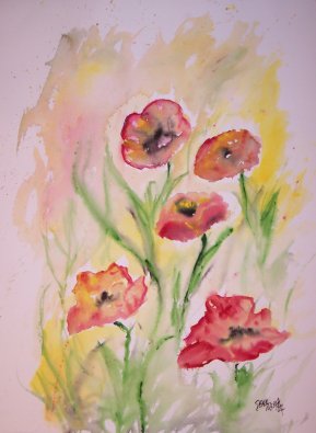 field of poppies flower aceo watercolor painting